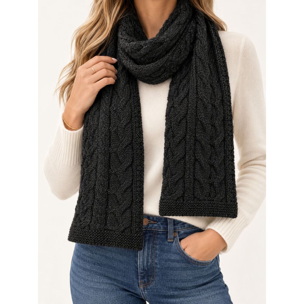 Aran Crafts Ireland 100% Merino Wool Charcoal Gray Cable Knit Scarf Fisherman